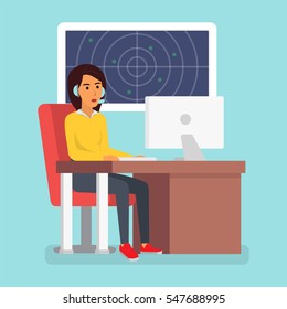 Emergency call center online support. Phone operator. Flat design vector illustration