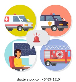 Emergency Call Center Online Support. Phone Operator For Ambulance, Fire Department Or Police Help. Flat Design Vector Illustration.