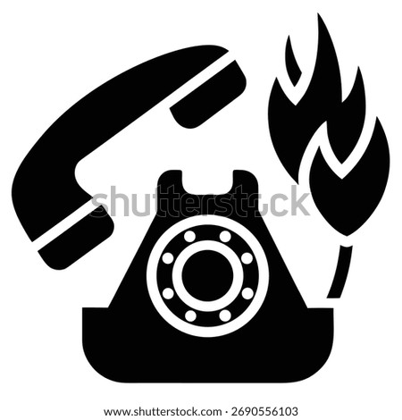 Emergency call concept black and white rotary phone on fire symbol