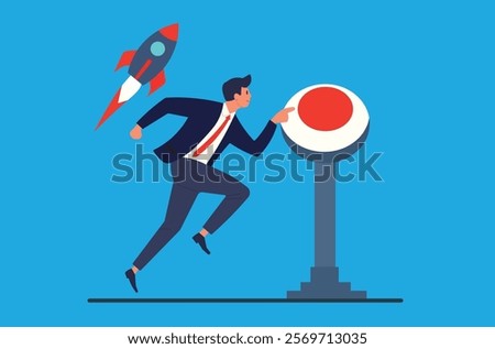 Emergency call concept. Businessman rushing to press a large red button. Ideal for websites, articles, and social media posts related to crisis management, emergency response, and critical situations