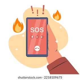 Emergency call concept. Character holding smartphone with inscription SOS and urgent help. Poster or banner for website. Important call, tragedy and problem. Cartoon flat vector illustration