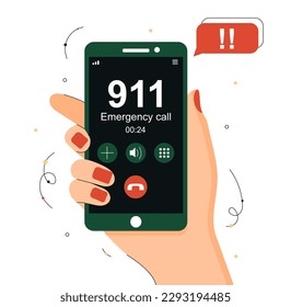 Concepto de llamada de emergencia. Personaje sosteniendo smartphone o teléfono y llamando al 911. Servicios gubernamentales, bomberos, policías y ambulancias. Botón de toque de dedo. Dibujo vectorial plano de dibujos animados