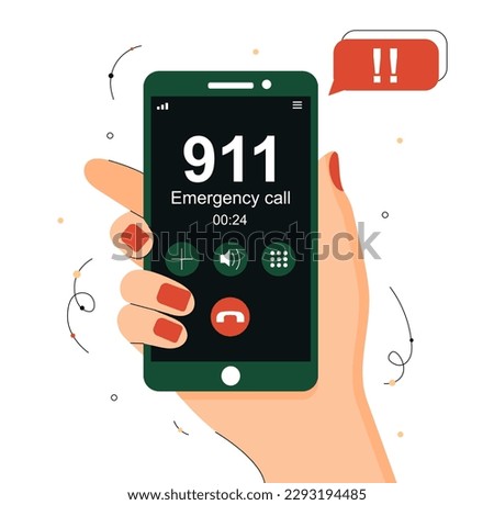 Emergency call concept. Character holding smartphone or phone and calling 911. Government services, firefighters, police and ambulances. Finger touching button. Cartoon flat vector illustration