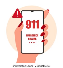 Emergency call concept. Hand holding smartphone or phone and calling 911 in flat design vector illustration.