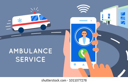 Emergency call concept illustration. Ambulance car, hands dialing number ambulance service operator, hospital building. Modern flat style design