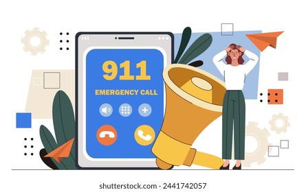Emergency call concept. Woman stands near smartphone and loudspeaker. Young girl call 911. Support, assistant and rescue. Cartoon flat vector illustration isolated on white background