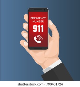 Emergency Call Concept:Hand Press Emergency Number 911 On A Mobile Phone Calling For Help 