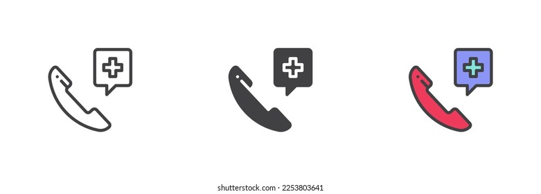 Llamada de emergencia: conjunto de iconos de estilos diferentes. Línea, glifo y contorno relleno versión colorida, contorno y signo vectorial relleno. Símbolo, ilustración del logotipo. Gráficos vectoriales