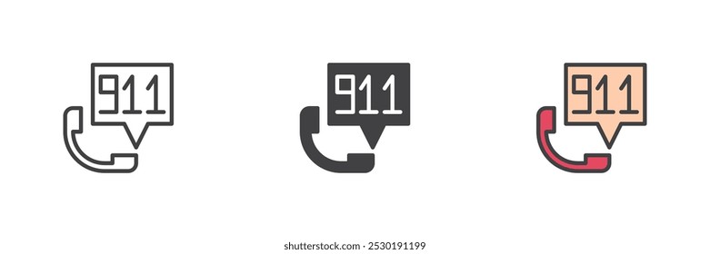 Emergency call different style icon set. Line, glyph and filled outline colorful version, outline and filled vector sign. 911 call symbol, logo illustration. Vector graphics