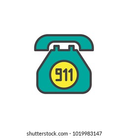 Emergency call filled outline icon, line vector sign, linear colorful pictogram isolated on white. Old phone with 911 number symbol, logo illustration. Pixel perfect vector graphics