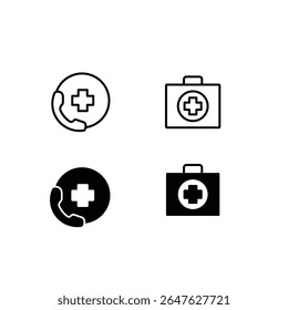 Emergency call and first aid kit icon set in outline and solid style for healthcare service vector illustration.