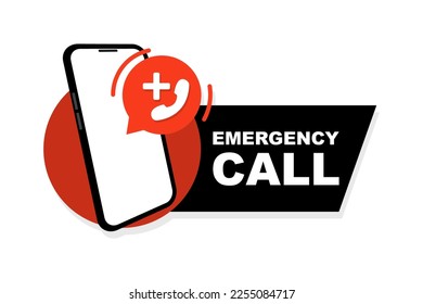 Emergency call. Flat illustration with red emergency call for concept design. Emergency call center app. Hotline for help desk. Vector illustration