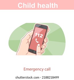 Emergency call.  Hand holding phone, making call to number 112.  Hand with smartphone, Screen of phone with text on it. Color vector illustration.