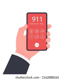 Emergency call. Hand holding smartphone with emergency number 911 on the screen. Vector illustration.