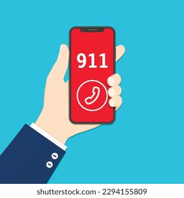 Emergency call. Hand holding smartphone with emergency number 911 on the screen.