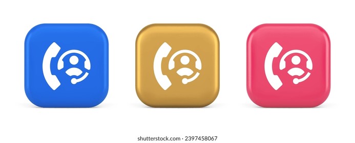 Emergency call helpline assistance button customer support service 3d realistic blue gold and pink icons. Helpdesk phone operator consulting help customer center interface