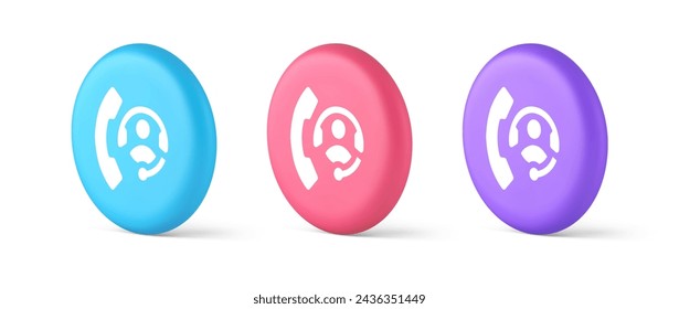 Emergency call helpline assistance button customer support service 3d realistic blue pink and purple icons. Helpdesk phone operator consulting help customer center interface