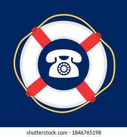 Emergency Call And Hotline For Help And Aid - Telephone And Lifebuoy - Lifesaver Phone During Distress, Difficulty And Trouble. Vector Illustration.