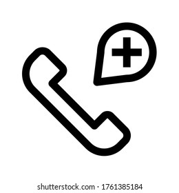 Emergency call icon. Doctor call by phone. Medical help, service symbol or sign. Phone handset with cross inside speech bubble. Vector illustration