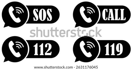 Emergency Call Icon set with phone symbols, alert bubbles, bold call text, and clear numeric marks used for representing SOS and quick emergency contact actions.
