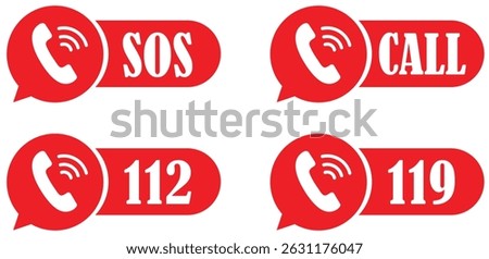 Emergency Call Icon set with phone symbols, alert bubbles, bold call text, and clear numeric marks used for SOS, quick help, and instant emergency contact actions.