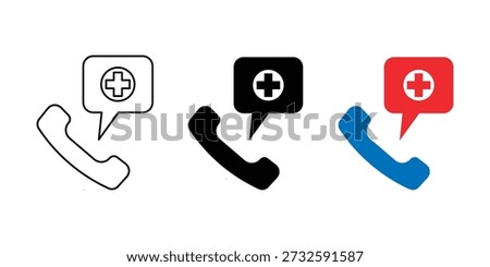 Emergency call icon set. telephone handset with a medical plus sign icon. Healthcare telephone contact sign.