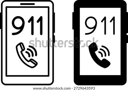 Emergency Call Icons. Black and White Vector Illustrations. Mobile Phone and Emergency Number, Call 911. Emergency Situation. Firefighter Concept