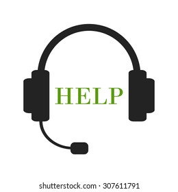 Emergency call illustration. Black headset with green word help within