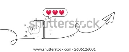 Emergency call line icon. Continuous line with share plane. 911 telephone number sign. Medicine help symbol. Hearts rate review in speech bubble. Emergency call single line ribbon. Vector
