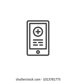 Emergency call line icon, outline vector sign, linear style pictogram isolated on white. Mobile phone with medical cross on screen symbol, logo illustration. Editable stroke