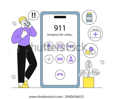 Emergency call linear concept. Man near smartphone call for rescue services. Firemen, police and first aid kit. Guy with mobile phone. Doodle flat vector illustration isolated on white background