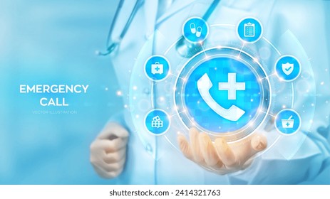 Emergency call. Medical call center hotline. SOS. First aid. Emergency application. Doctor holding in hand Phone call sign, medicine icons network connection on virtual screen. Vector illustration.