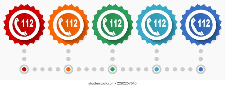 Emergency call, number 112 vector icon set, colorful infographic template, set of flat design badge icons in 5 color options