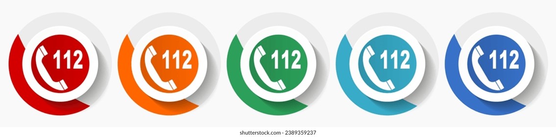 Emergency call, number 112 vector icon set, flat design colorful round icons in 5 color options for webdesign and mobile applications