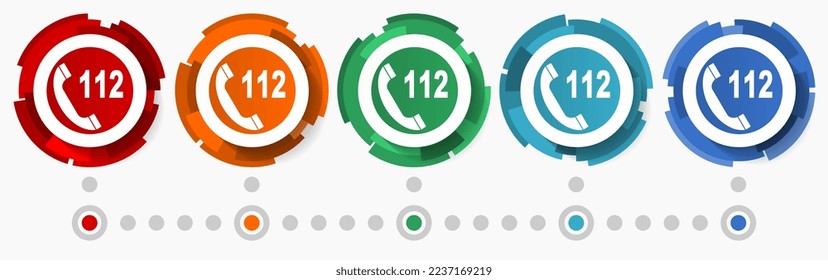 Llamadas de emergencia, conjunto de iconos vectoriales de concepto de teléfono, botones web abstractos de diseño moderno en 5 opciones de color, plantilla infográfica