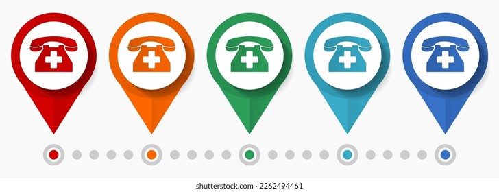 Emergency call, phone concept vector icon set, flat design hospital pointers, infographic template