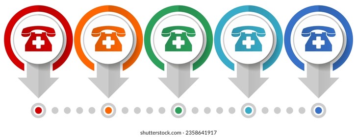 Emergency call, phone vector icon set, flat design infographic template, set pointer concept icons in 5 color options for webdesign and mobile applications