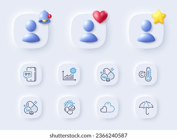 Emergency call, Selenium mineral and Sodium mineral line icons. Placeholder with 3d bell, star, heart. Pack of Coronavirus statistics, Coronavirus pills, Care icon. Vector