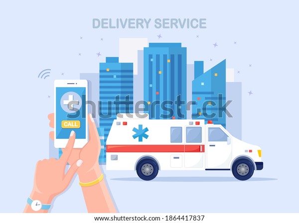 Emergency call service. Ambulance car and\
call to doctor by phone. Vector flat\
design