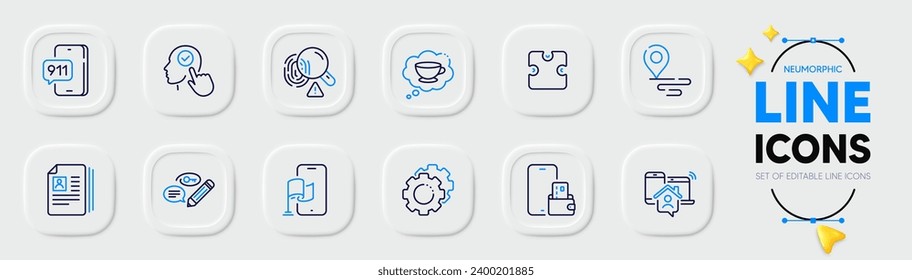 Emergency call, Settings gears and Cv documents line icons for web app. Pack of Puzzle, Coffee cup, Place pictogram icons. Phone wallet, Location app, Fingerprint signs. Select user. Vector