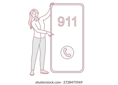 Chamada de emergência e conceito de sos. Mulher sorridente em pé perto de enorme smartphone apontando para a tela com 911 emergência botão verde chamada ilustração vetor