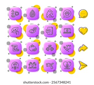 Emergency call, Stress protection and Artificial colors line icons. App 3d buttons. Social media comment, share, like icons. Pack of Social distance, Hand sanitizer, Wash hand icon. Vector