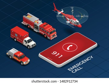 Emergency call and transport with helicopter ambulance fire engine isometric set isolated on blue background 3d vector illustration