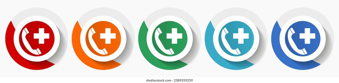 Emergency call vector icon set, flat design colorful round icons in 5 color options for webdesign and mobile applications