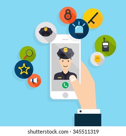 Emergency call. Vector modern creative flat design on hand holding mobile phone with police call. Vector illustration.