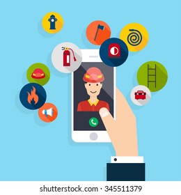 Emergency call. Vector modern creative flat design on hand holding cellphone with fire call. Vector illustration.