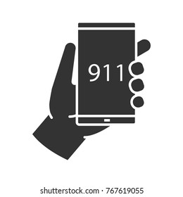 Emergency calling glyph icon. Hand holding smartphone with 911 number. Silhouette symbol. Negative space. Vector isolated illustration