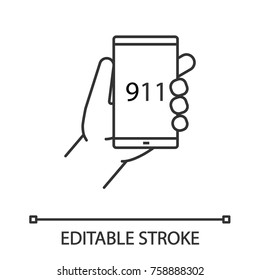 Emergency calling linear icon. Thin line illustration. Hand holding smartphone with 911 number. Contour symbol. Vector isolated outline drawing. Editable stroke