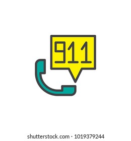 Emergency calling service filled outline icon, line vector sign, linear colorful pictogram isolated on white. Handset and speech bubble with 911 number inside symbol, logo illustration. Pixel perfect 
