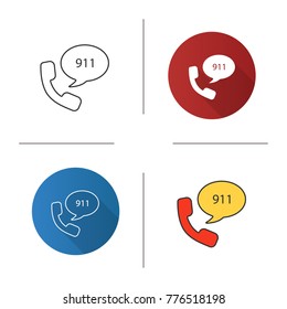 Emergency calling service icon. Flat design, linear and color styles. Handset and speech bubble with 911 number inside. Isolated vector illustrations